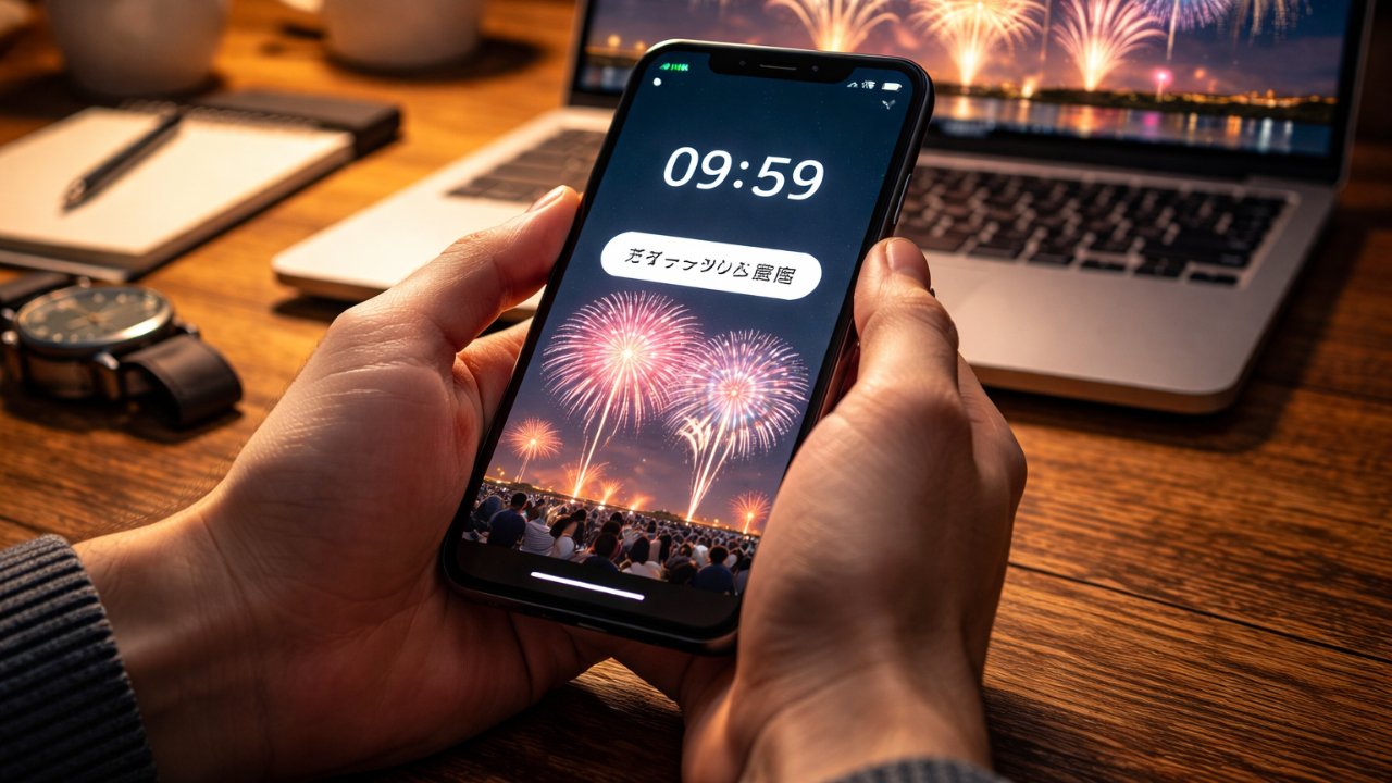 スマートフォンで花火大会チケット販売開始を待つ手元