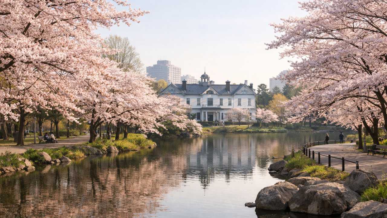 札幌の中島公園の春、満開の桜並木と歴史ある洋館を遠景に入れたブログ用アイキャッチ