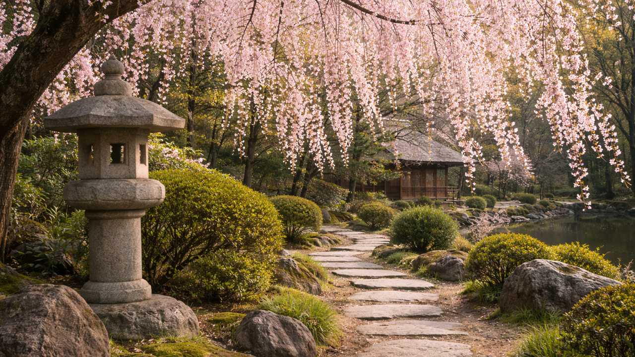 中島公園の日本庭園に咲くしだれ桜