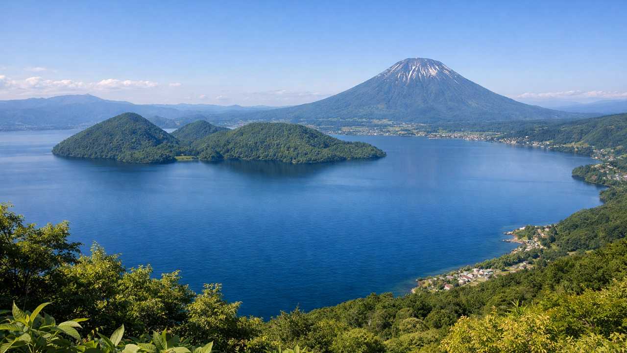 北海道の洞爺湖を高台から見下ろし、青い湖面の奥に端正な羊蹄山が遠くに見える構図