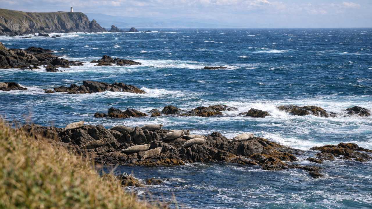 襟裳岬周辺のゼニガタアザラシを遠景で観察する自然な海岸風景