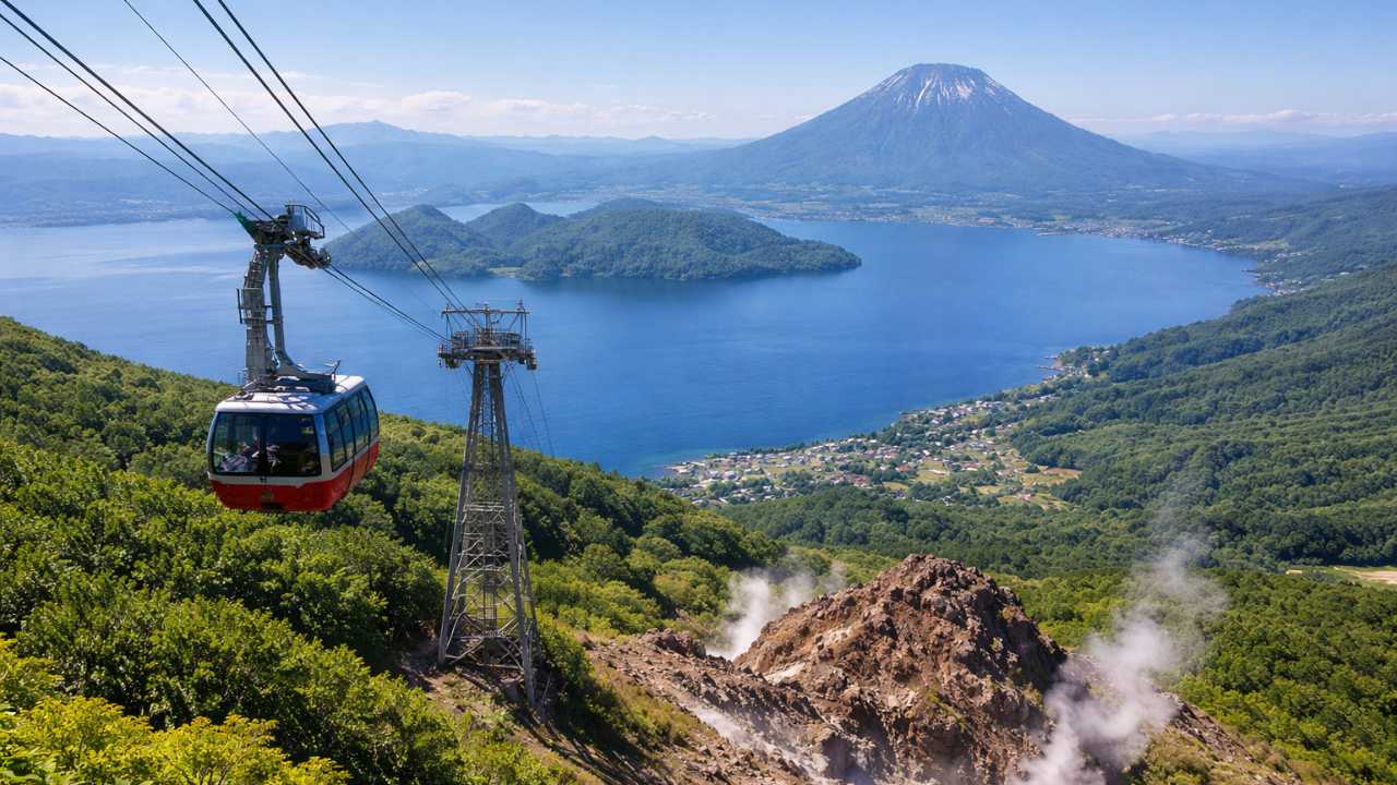昭和新山側から有珠山ロープウェイと火山地形を感じる風景