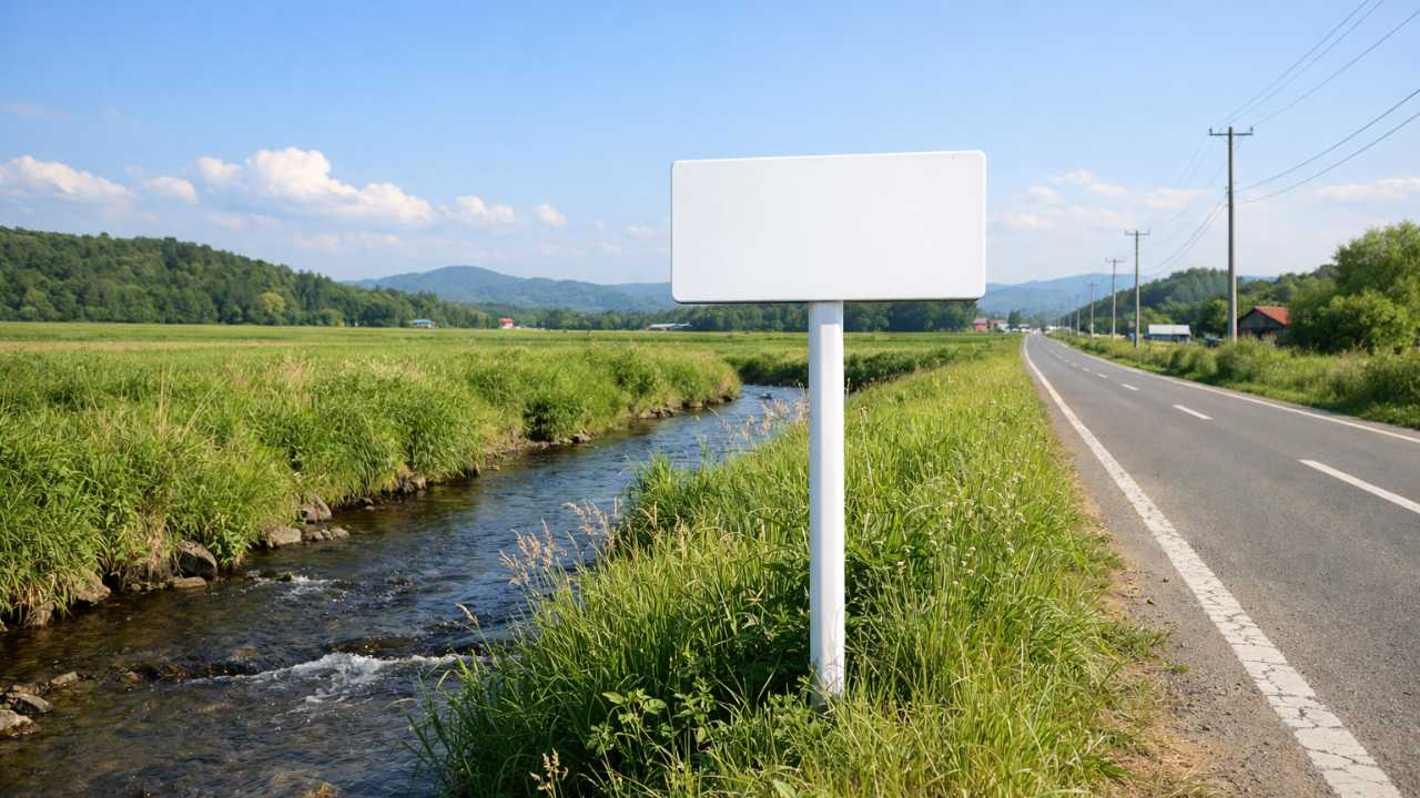 北海道由仁町の静かな田園地帯にある小さな川と、白い「ヤリキレナイ川」の看板が印象的に立つ風景