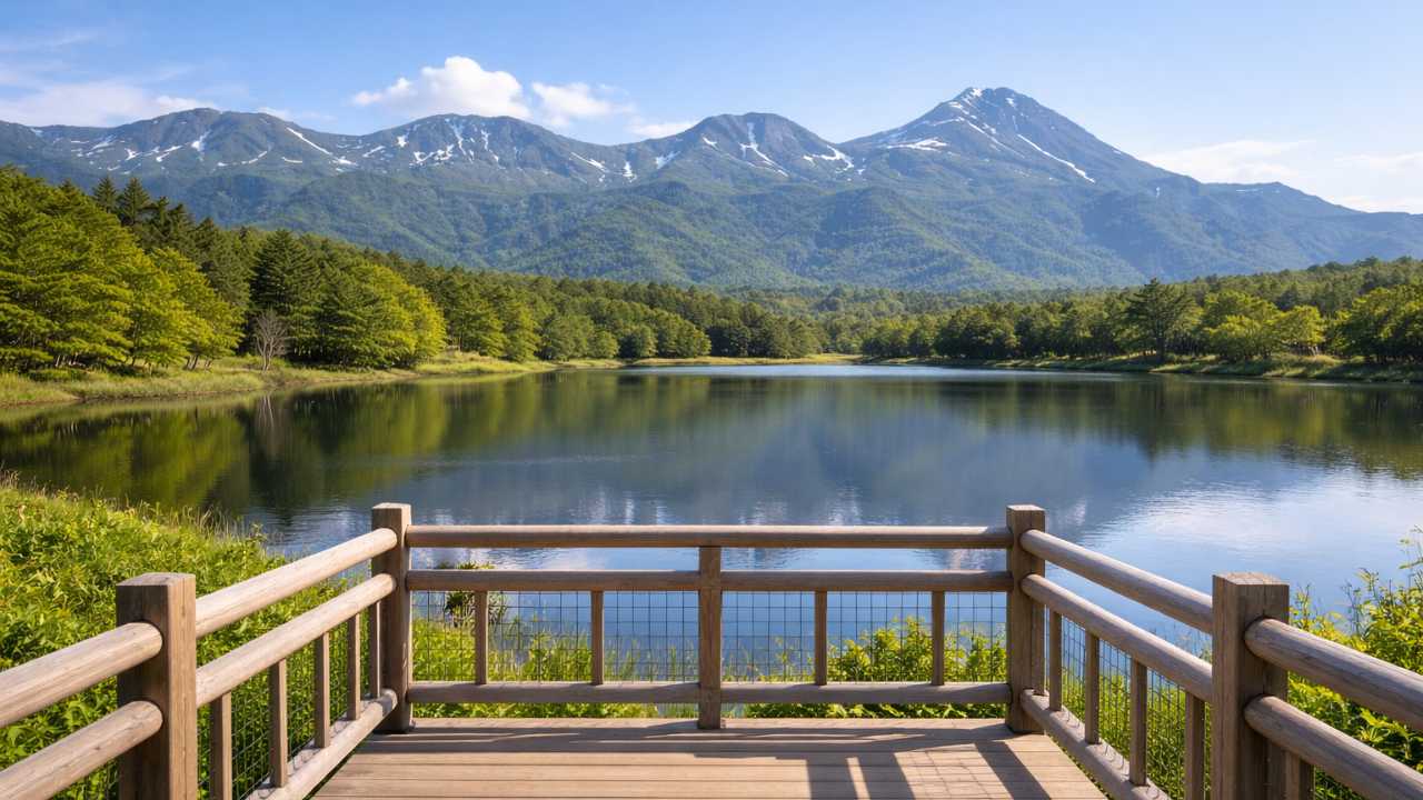 知床五湖の湖畔展望台から一湖と知床連山を望む実写風写真