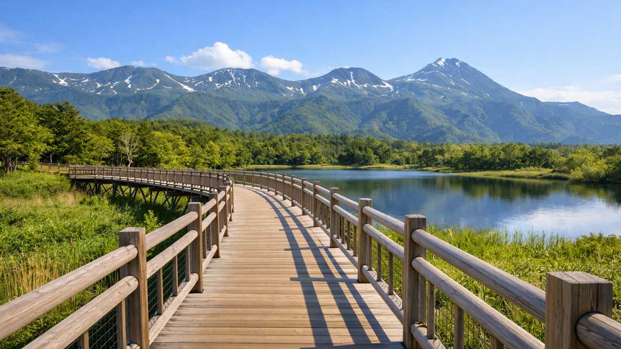 北海道・知床五湖の高架木道を主役にしたブログ用アイキャッチ、木道が奥へ自然に伸び、先に一湖と知床連山が見える構図