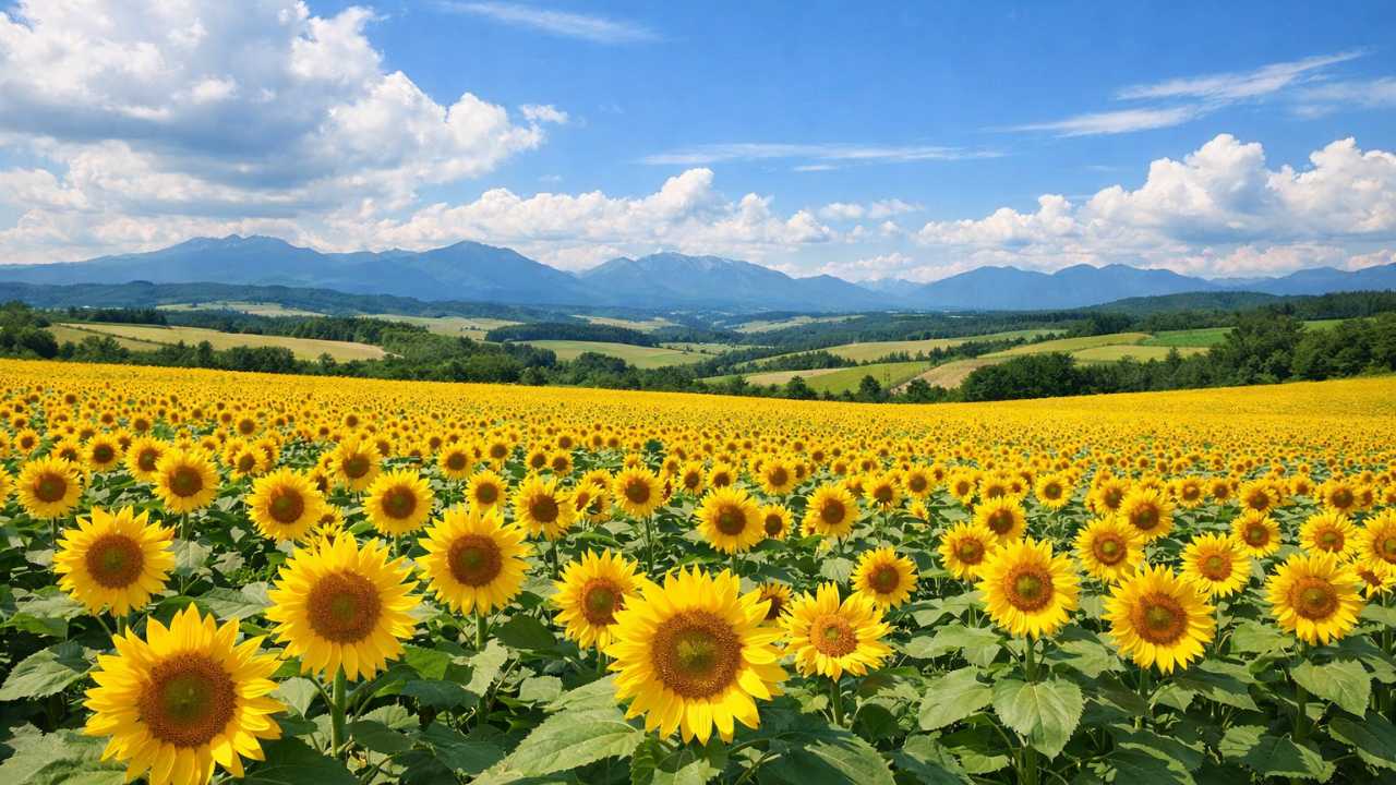 北海道の広大なひまわり畑が一面に広がり、青空と白い雲、遠くの丘陵と山並みが見える夏の絶景