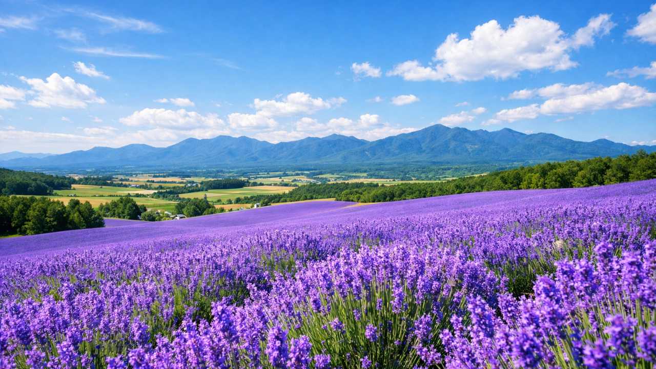 北海道の夏、見頃を迎えた広大なラベンダー畑が丘一面に広がり、遠景に青空とやわらかな雲、奥に北海道らしいなだらかな山並み