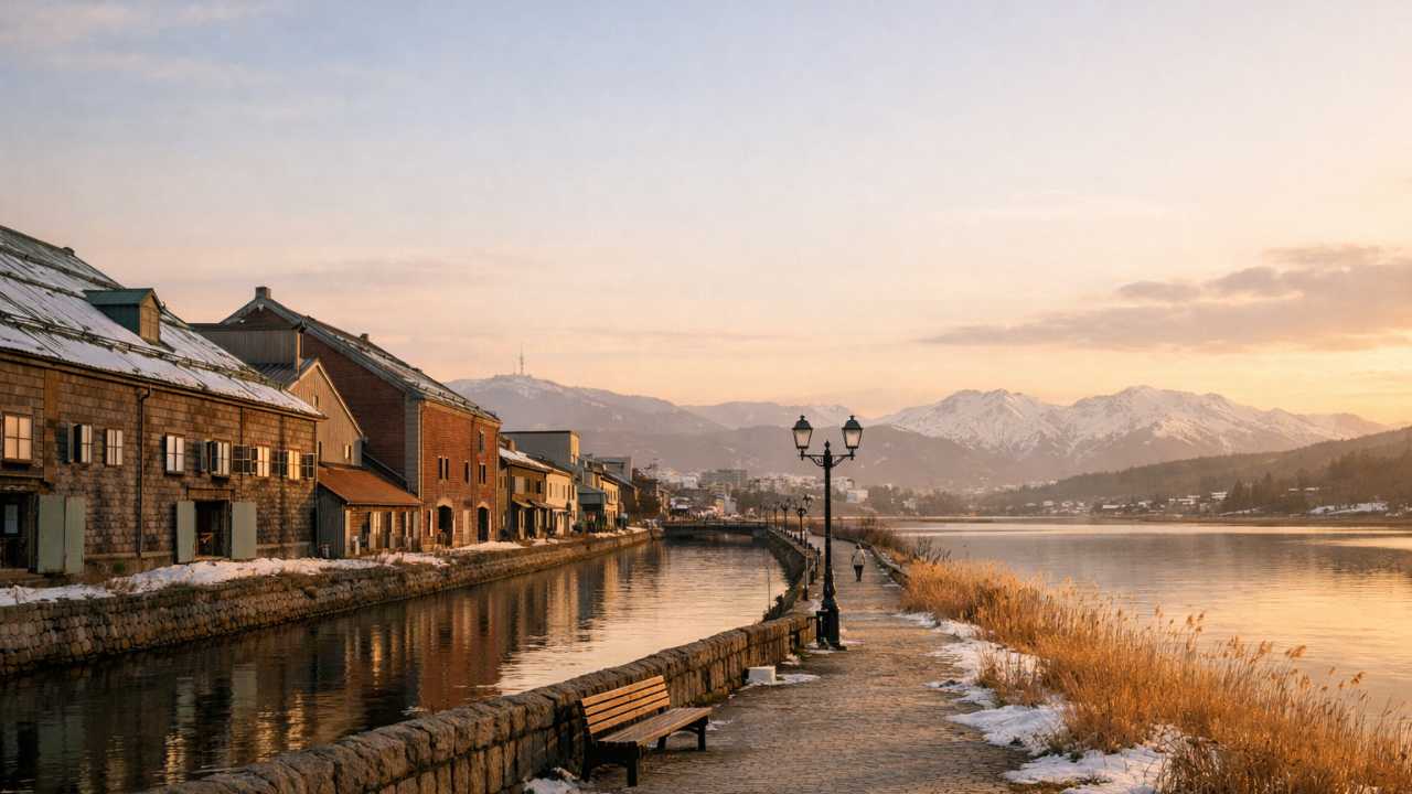 北海道の閑散期をテーマにしたブログ用アイキャッチ。観光客が少ない静かな北海道の街並みと自然風景