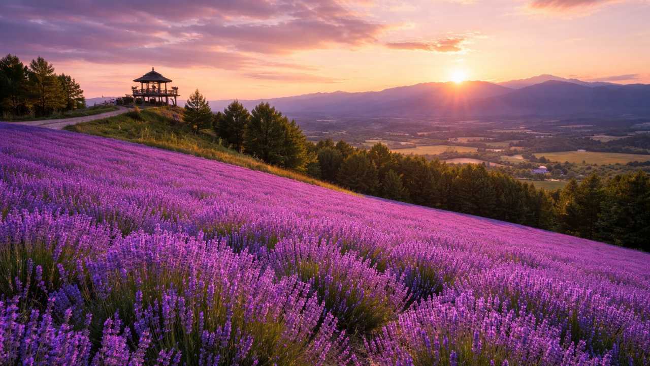 上富良野の丘陵に広がるラベンダー畑を夕方の光で撮影した実写風写真