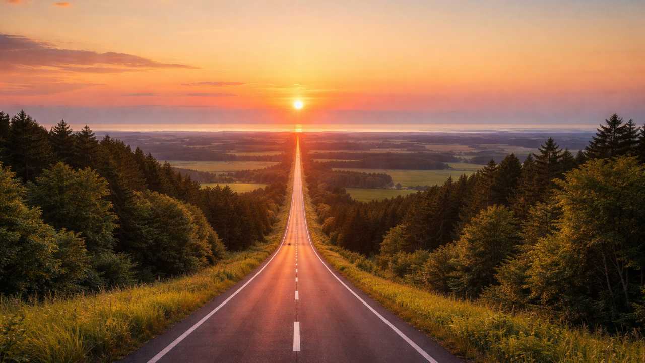 夕暮れの天に続く道、道路の延長線上に夕日が沈みかける実写風写真