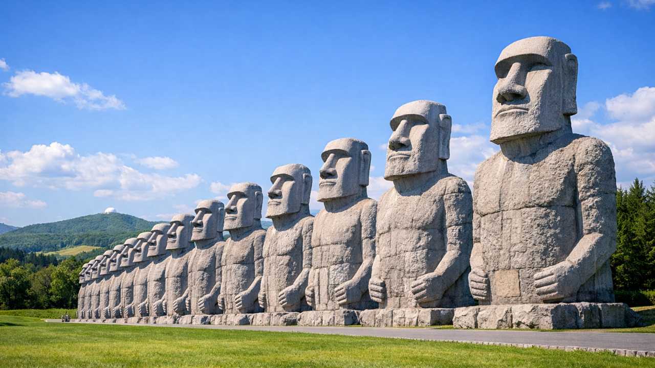 北海道札幌市の真駒内滝野霊園、正面入口に並ぶ巨大なモアイ像