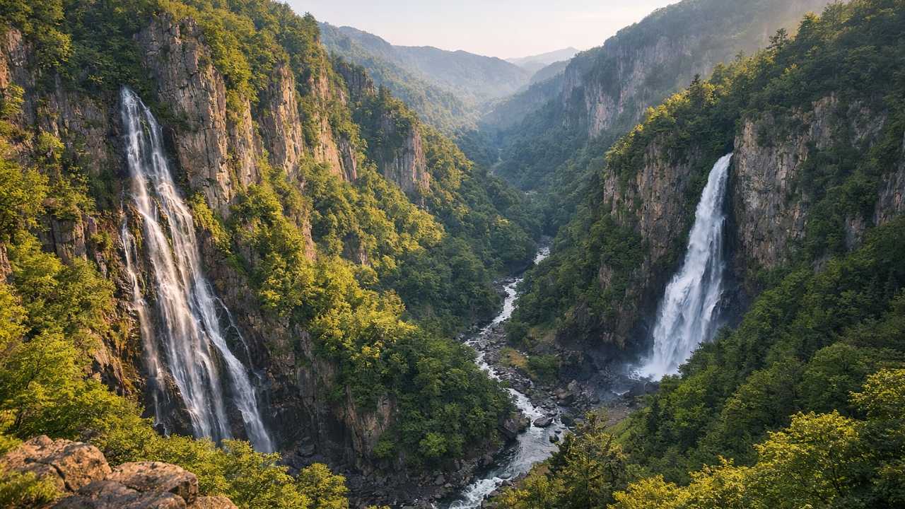北海道上川町の層雲峡にある銀河の滝と流星の滝を、断崖絶壁と深い緑に囲まれた壮大な自然風景として描く。双瀑台から見下ろす構図