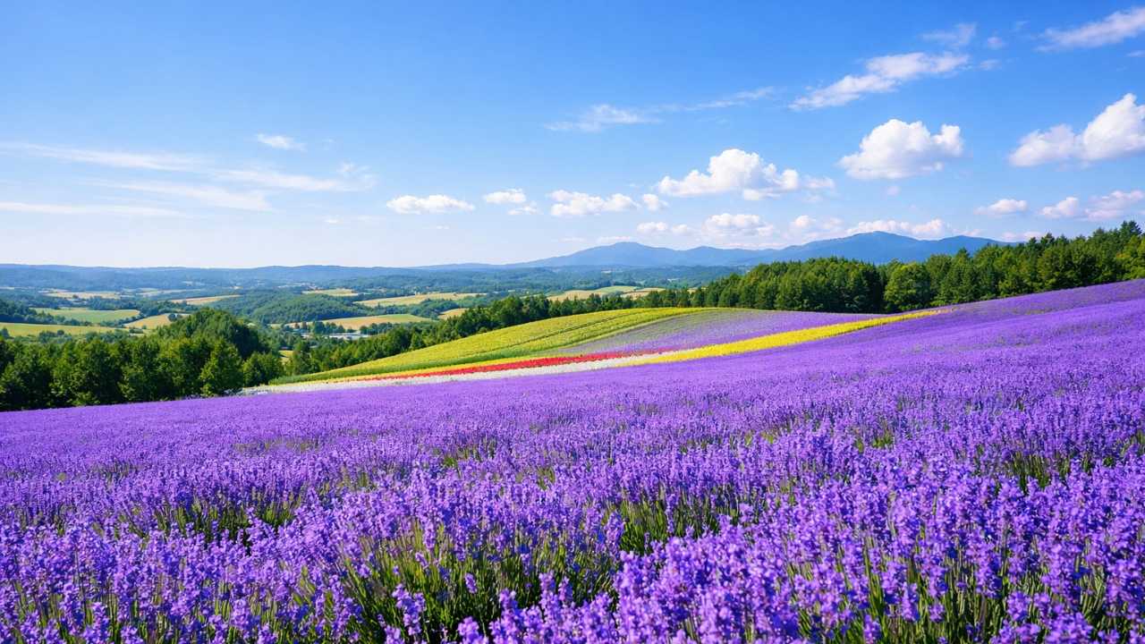 北海道・富良野のラベンダー畑を広角で写した実写風の風景写真