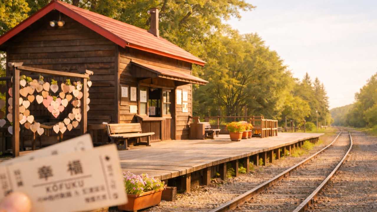 幸福駅の駅舎外観と切符ジンクスの雰囲気が伝わる風景