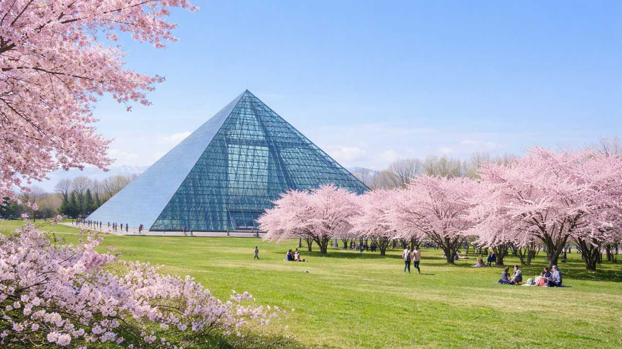 モエレ沼公園のガラスのピラミッドと桜