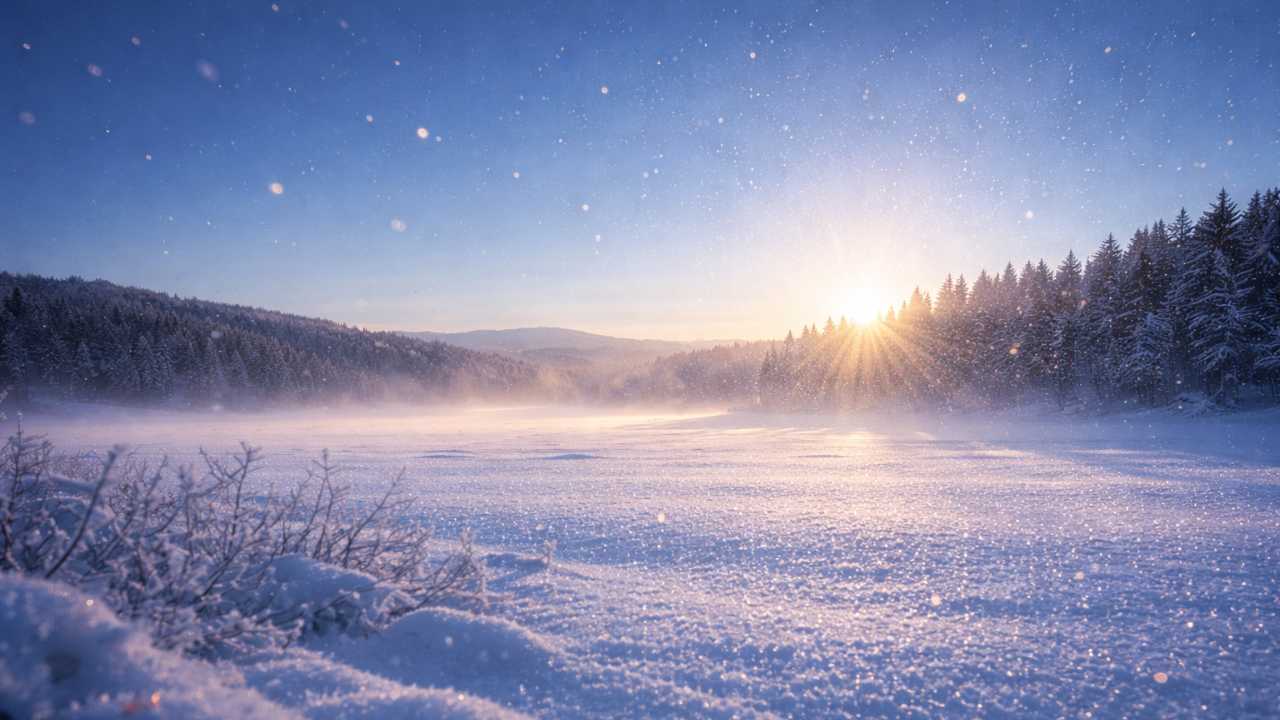 極寒の朝に見えるダイヤモンドダスト風のきらめき、北海道の澄んだ空と雪原