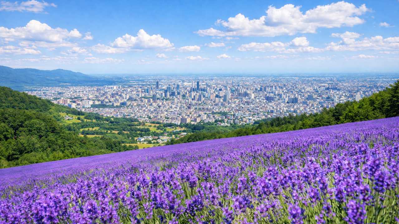 札幌市街を遠景に望むラベンダー畑の風景、都市と自然の対比が美しい夏の北海道