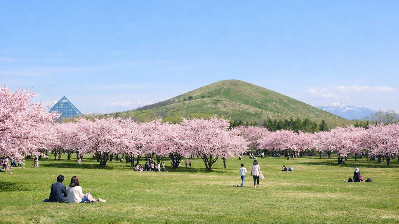 春のモエレ沼公園、満開に近い桜が広がるサクラの森、遠景にモエレ山のゆるやかなライン