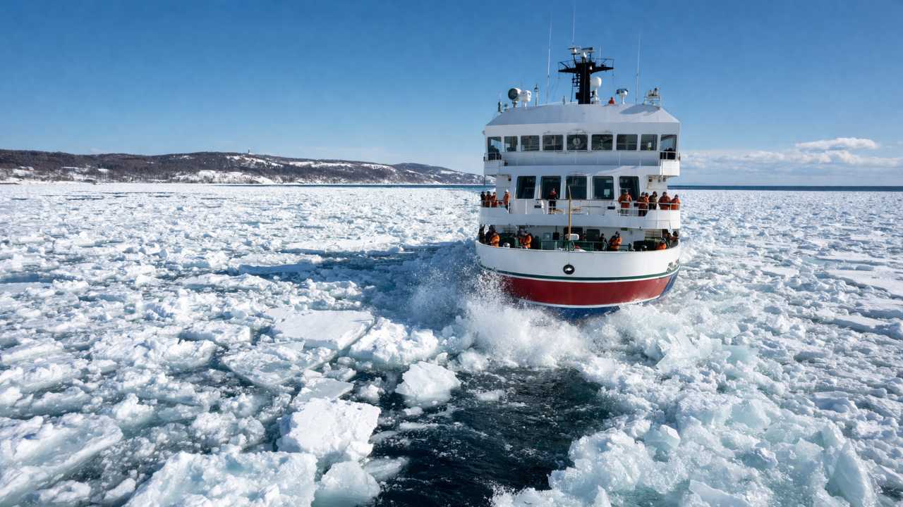 網走の海で砕氷船が流氷を割りながら進む瞬間、白い氷片が広がる迫力ある構図