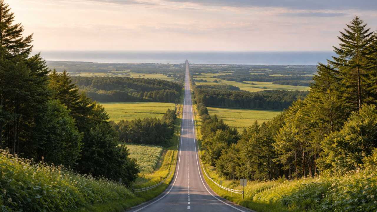 北海道斜里町の「天に続く道」を実写風・写真風で表現したブログ用アイキャッチ。丘の上から見下ろす一直線の道路