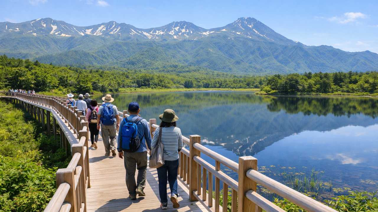 知床五湖の高架木道を歩く観光客と、その先に広がる湖と山並み