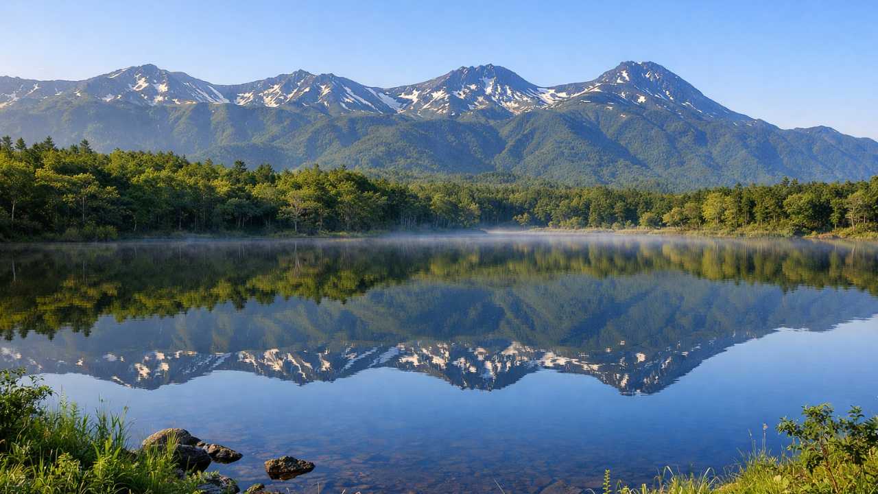 知床五湖の静かな湖面に知床連山が美しく反射している朝の風景