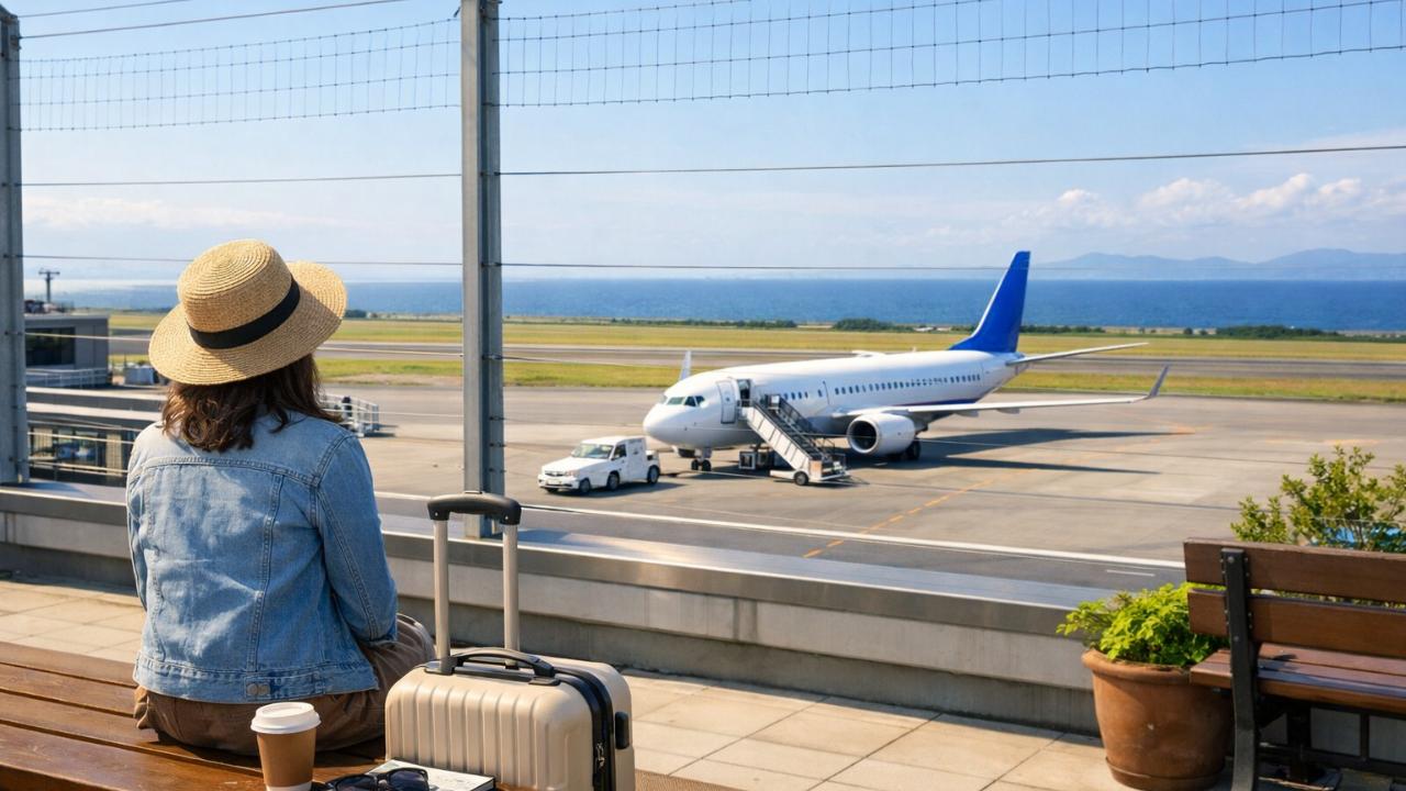 函館空港の送迎デッキを背景に、滑走路と飛行機、遠くに海の気配