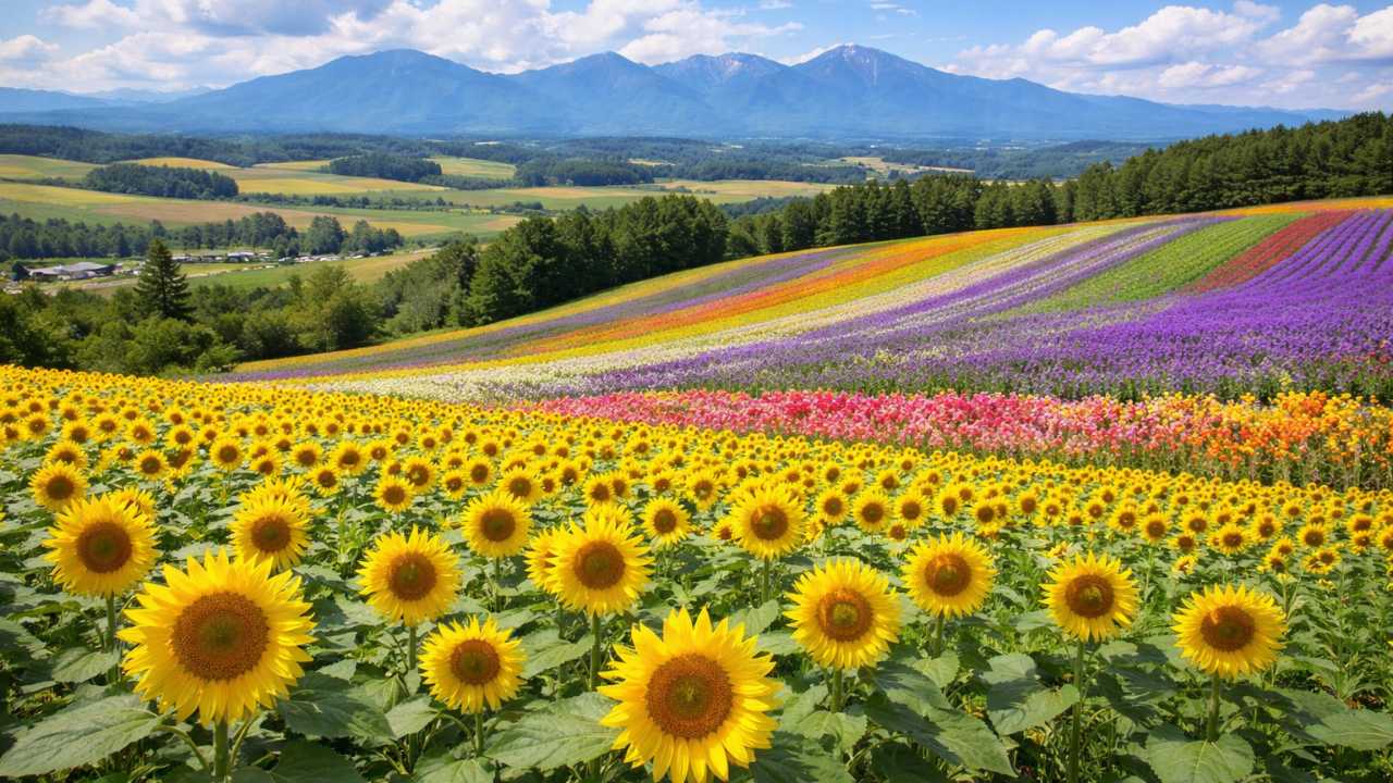 美瑛らしい丘のラインとひまわり、ラベンダーなど色違いの花が少し入る北海道の花風景
