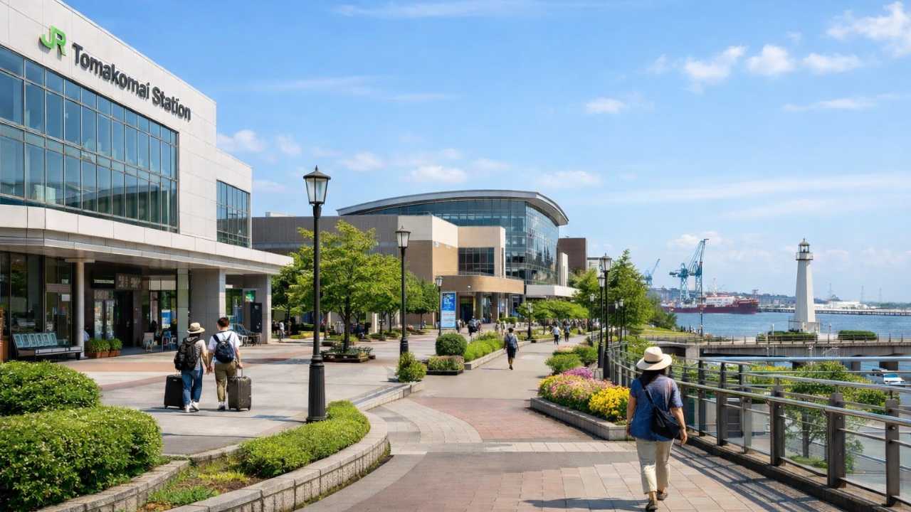 北海道の苫小牧駅周辺をテーマにしたブログ用アイキャッチ、JR駅前広場を起点に、落ち着いた地方都市の空気感、歩きやすい駅前、少し先に文化施設や港町の雰囲気を感じる構図