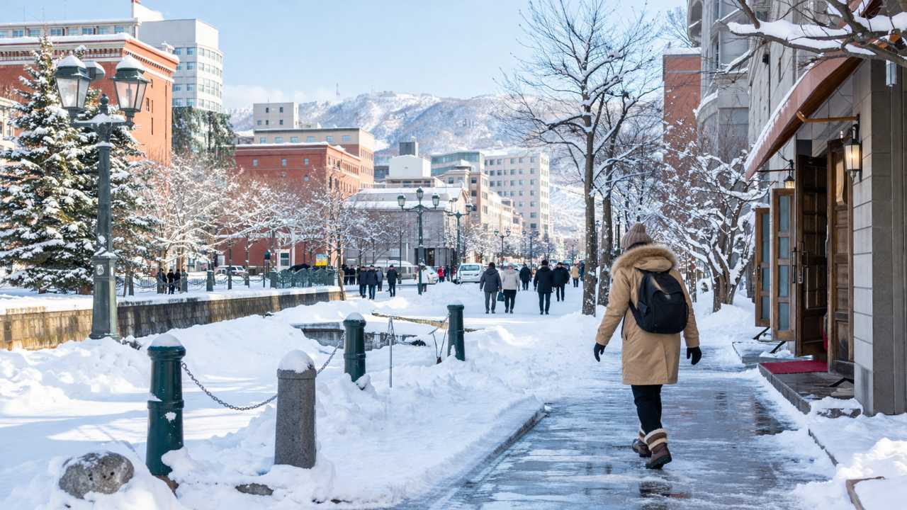2月の北海道旅行の注意喚起をテーマ、雪が積もる札幌の街角を背景に、防寒着を着た旅行者が慎重に歩いている