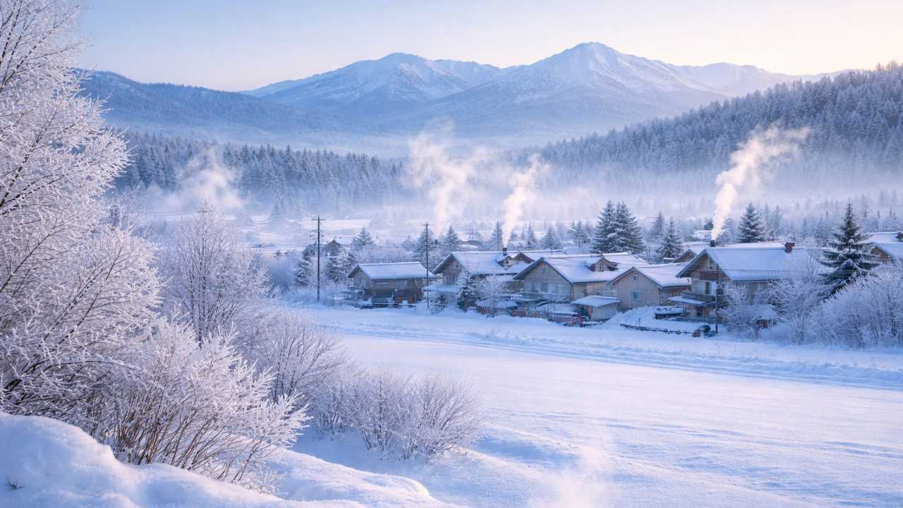 北海道の極寒地をイメージした冬の朝、青みがかった雪原と白い息が見える静かな町並み