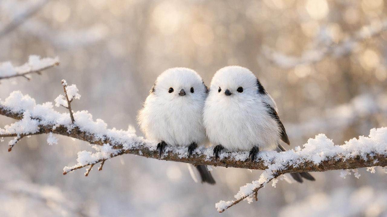 冬の旭川の森、雪をまとった細い枝に2羽のシマエナガが並んでとまっている