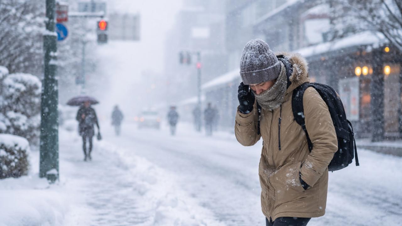 雪が舞う北海道の街中で、防寒着を着た旅行者が顔を少し伏せながら慎重に歩いている