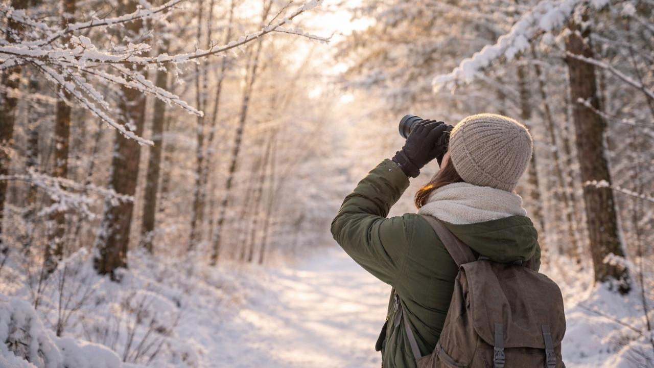 旭川の冬の森林散策路、木々の枝先を見上げながらシマエナガを探す人物の後ろ姿