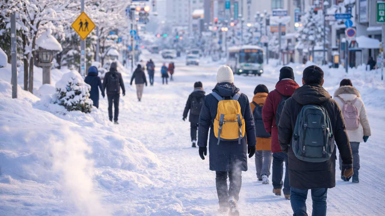 旭川の冬観光をイメージした雪の街並みと歩く人々、防寒した旅行者