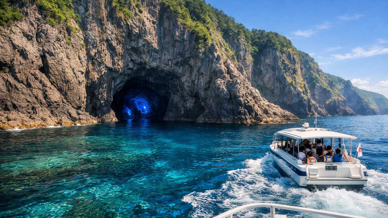 北海道道南の海岸線にある青の洞窟へ小型クルーズ船で近づく瞬間、透明度の高い青い海