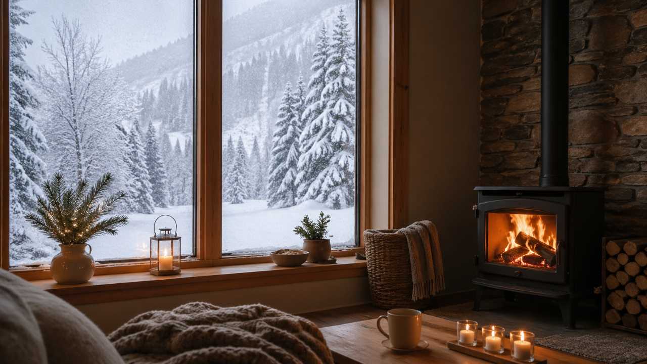 ストーブのある暖かい室内から窓の外の雪景色を眺める場面、厳しい寒さと暮らしの温かさを対比したブログ向け写真風