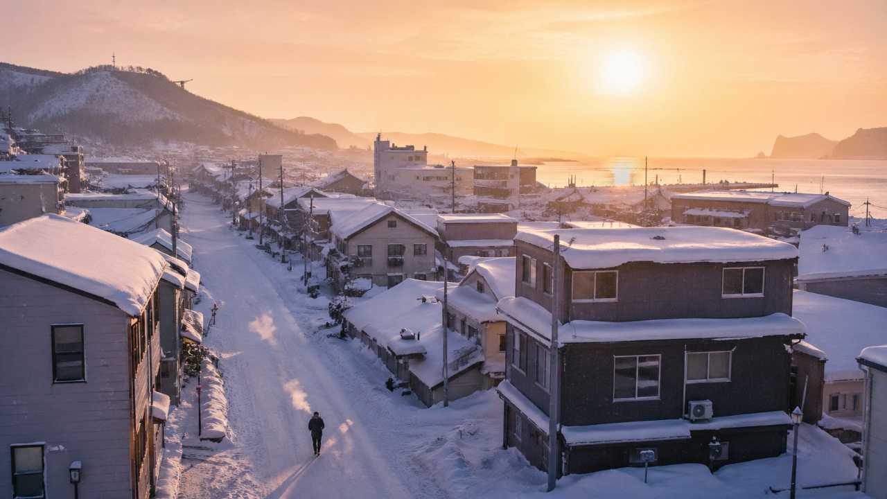 雪が積もった北海道または東北の静かな朝の街並み、白い息が見えるほど冷え込んだ空気感、凍えるような冬の雰囲気
