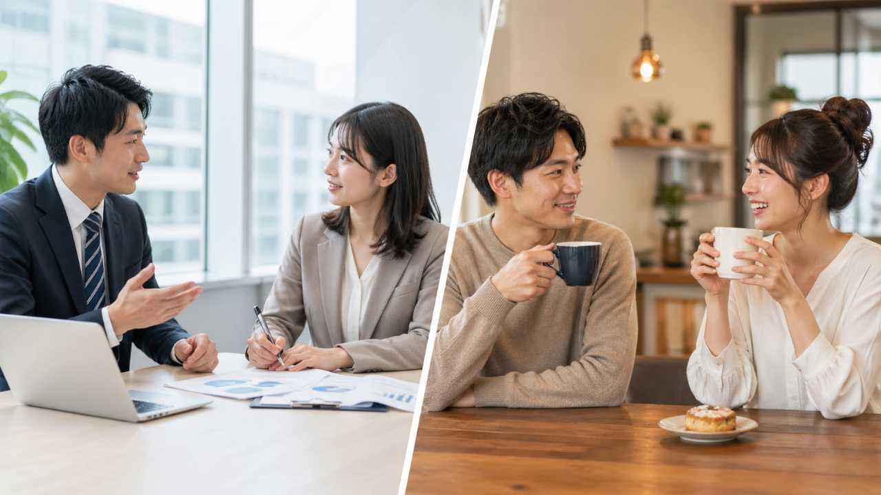 仕事場と日常会話の使い分けをイメージしたシンプルな構図