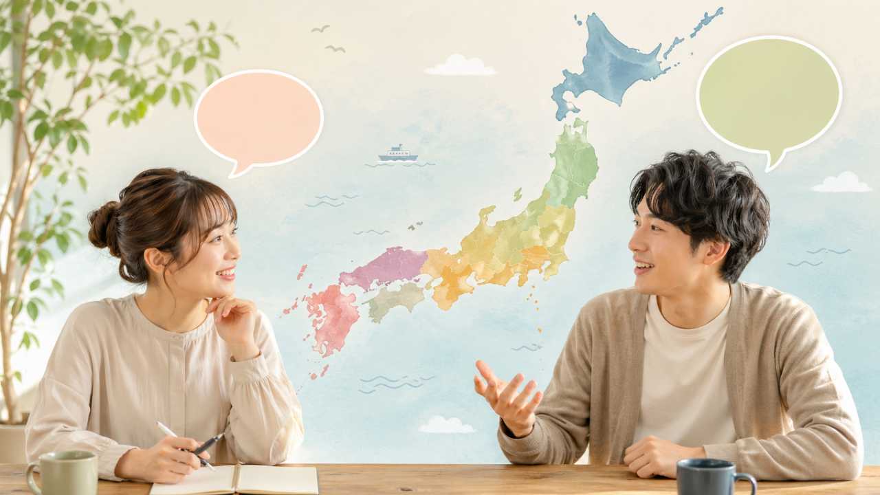 日本地図を背景に、やわらかい雰囲気の会話吹き出しがあり、人物が「方言について話している」イメージ
