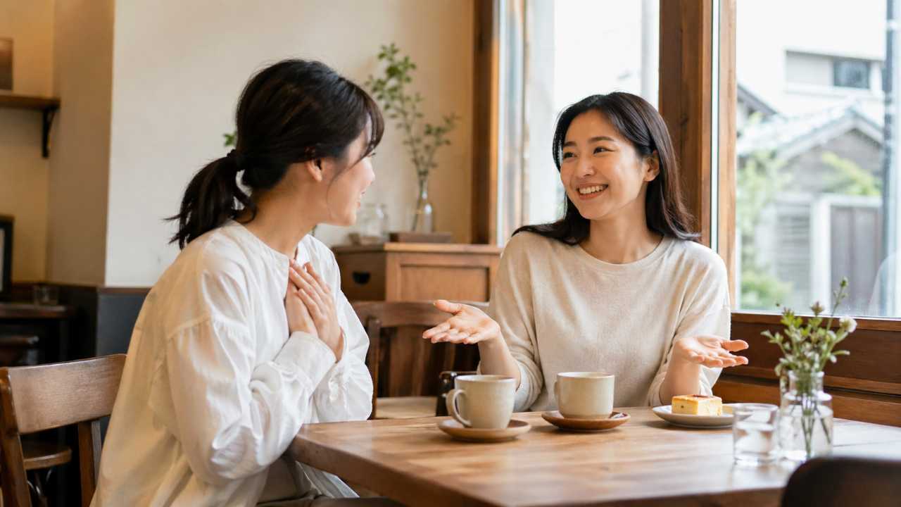 カフェで友人が「ありがとう」と伝え、相手がやさしく返事をしている場面。北海道弁の温かい会話を連想させる実写風画像