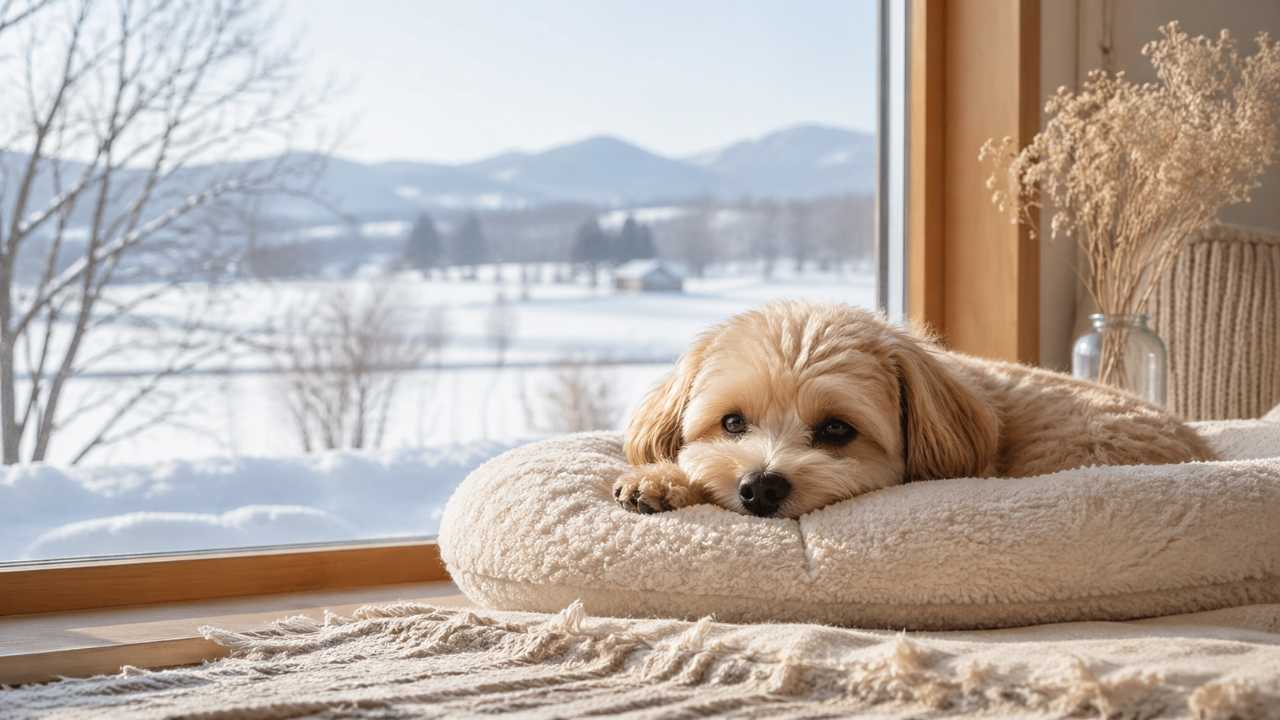 北海道の雪景色を背景に、めんこい小さな犬が室内の窓辺でくつろぐ写真風