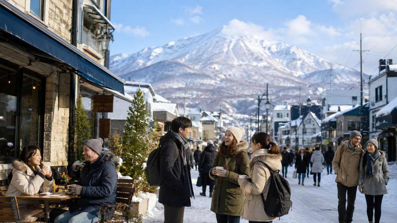 北海道の雪景色と町並みを背景に、日本人住民と外国人住民が自然に交流している様子