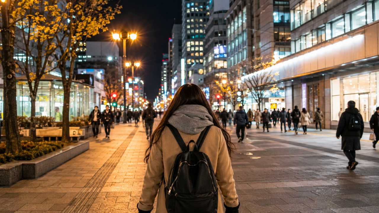 札幌中心部の明るい街並みを歩く旅行者の後ろ姿。夜でも人通りがあり、バッグをしっかり持っている安全意識のある構図