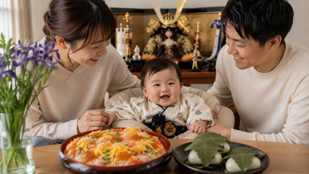 初節句の食卓、柏餅、ちらし寿司、五月人形が背景に見える家庭的なシーン、赤ちゃんのお祝いの雰囲気