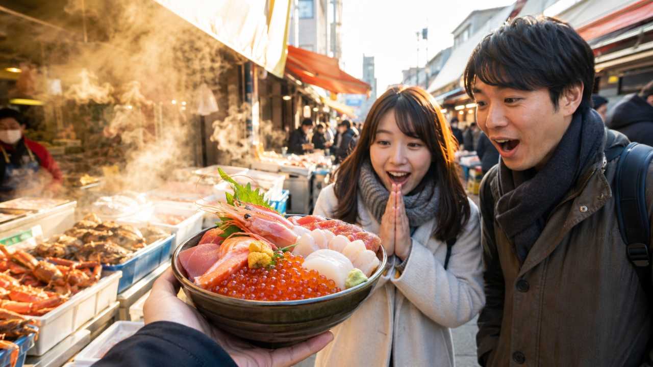函館朝市をイメージした活気ある市場風景