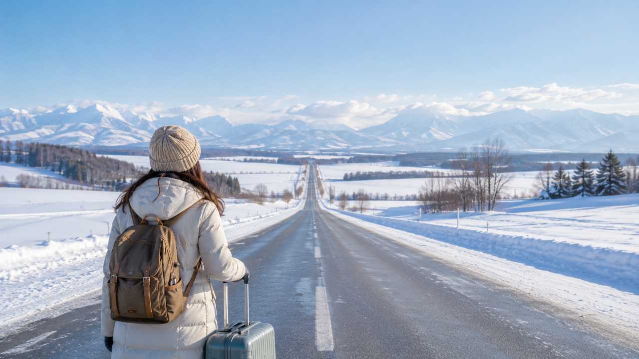 北海道の広大な雪景色とまっすぐ続く道路、遠くに山並み、手前に旅行バッグを持つ観光客の後ろ姿、初めて北海道を訪れて驚いている雰囲気