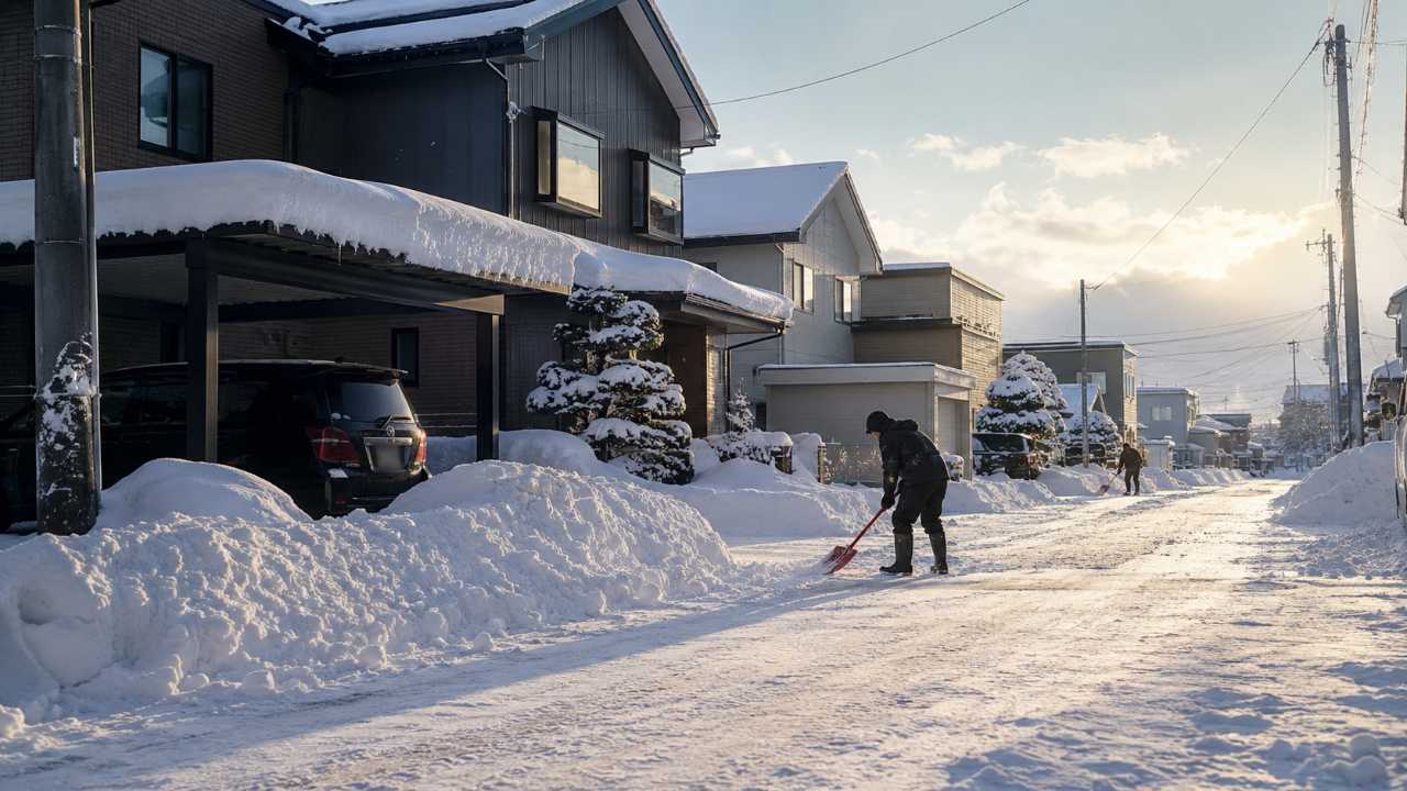 北海道の住宅街で朝に雪かきをする生活感のある風景