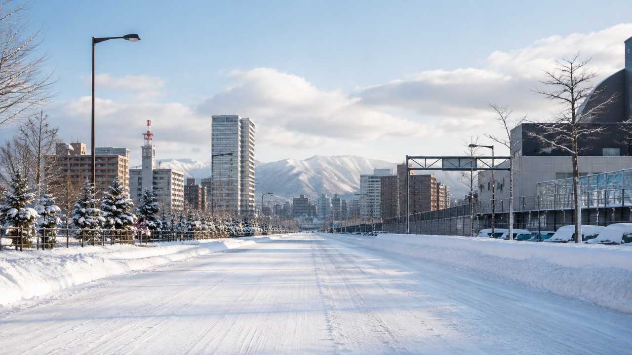 北海道の冬の街並みと広い雪道を背景に、暮らしと旅行の現実を感じさせるブログ用アイキャッチ画像