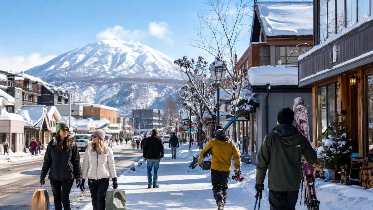 倶知安町やニセコエリアをイメージした雪山とスキーリゾートの街並み